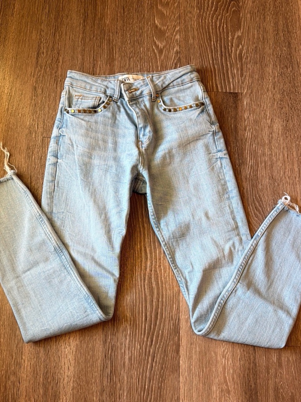 Zara Light Blue Skinny Jeans with Studded Pocket Trim